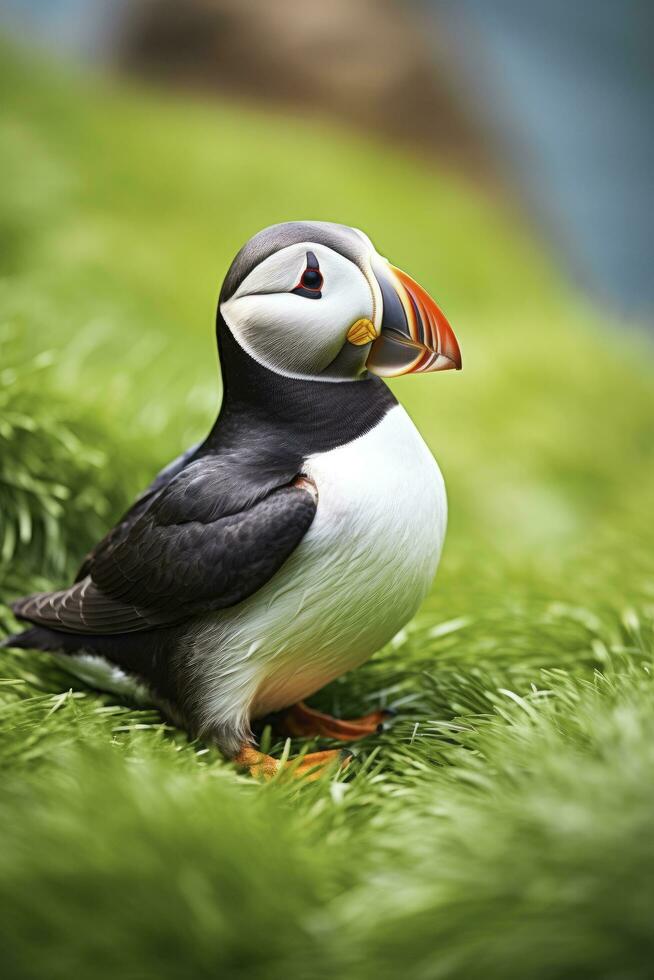 AI generated Puffin bird on a green grass patch. AI Generated photo