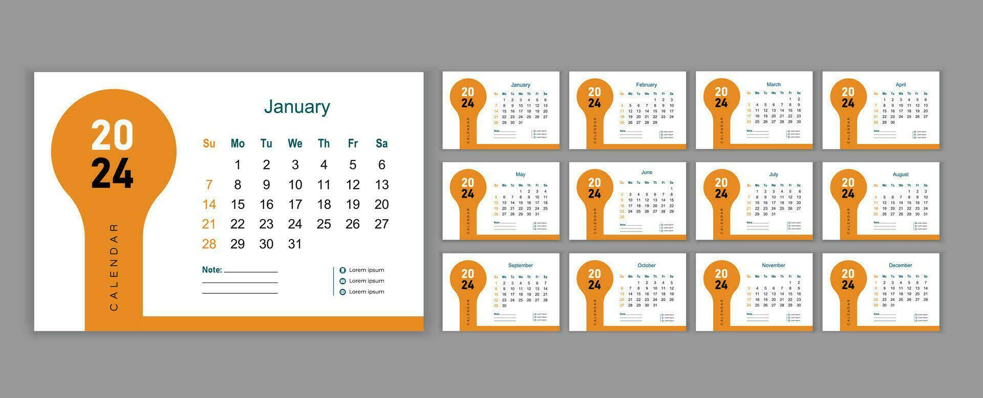 mensual calendario modelo para el 2024 año. semana empieza en domingo. planificador para el 2024 año. pared calendario en un minimalista estilo. pared calendario 2024 modelo vector