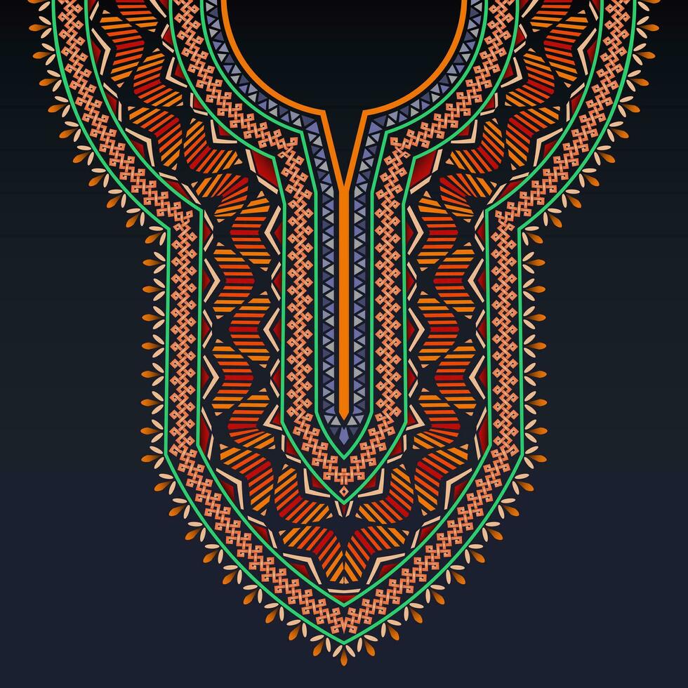 Symmetrical neckline pattern for dashiki shirt with Celtic motifs and colorful geometric shapes on the dark blue background vector