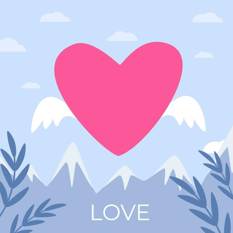 Valentine's day banner, poster, background. Red heart with wings flies across the sky. Concept of love, wedding, support, friendship. Vector illustration.