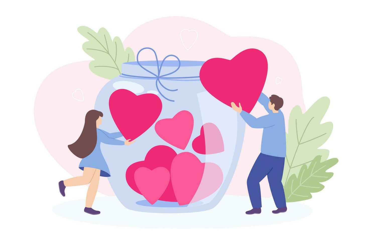 Girl and man throw hearts into a glass jar. Happy characters celebrating Valentine's day. Concept of love, family, support. Vector illustration.