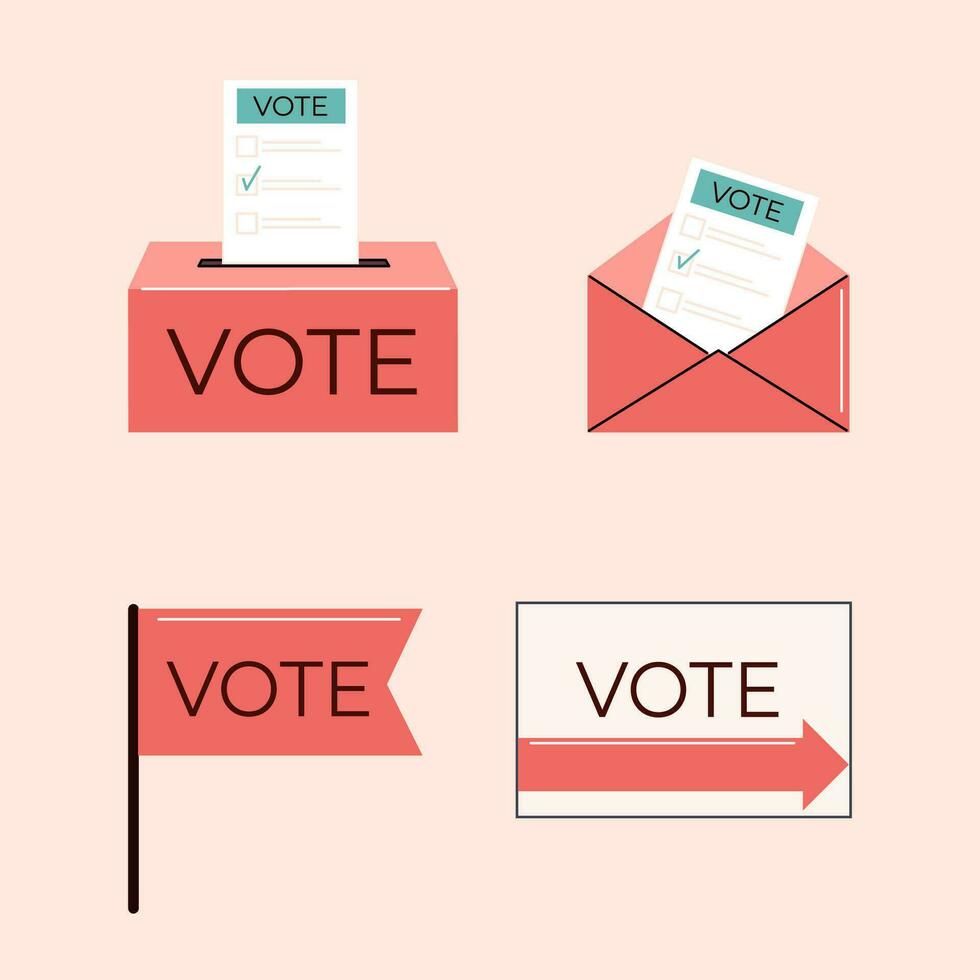conjunto de elementos para votación. votación caja, sobre, bandera, puntero. elección concepto vector ilustración