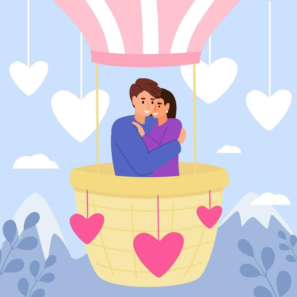 Man and woman of lovers inside hot air balloon. Hearts, love, romantic greeting card for 14 February. Valentine's day banner. Vector illustration.