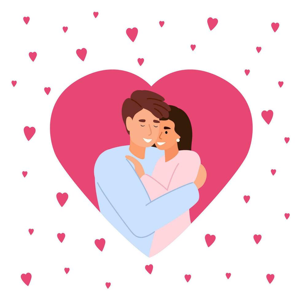 hombre abrazando mujer en corazón. contento romántico Pareja. concepto de el enamorado día y familia día. vector ilustración.