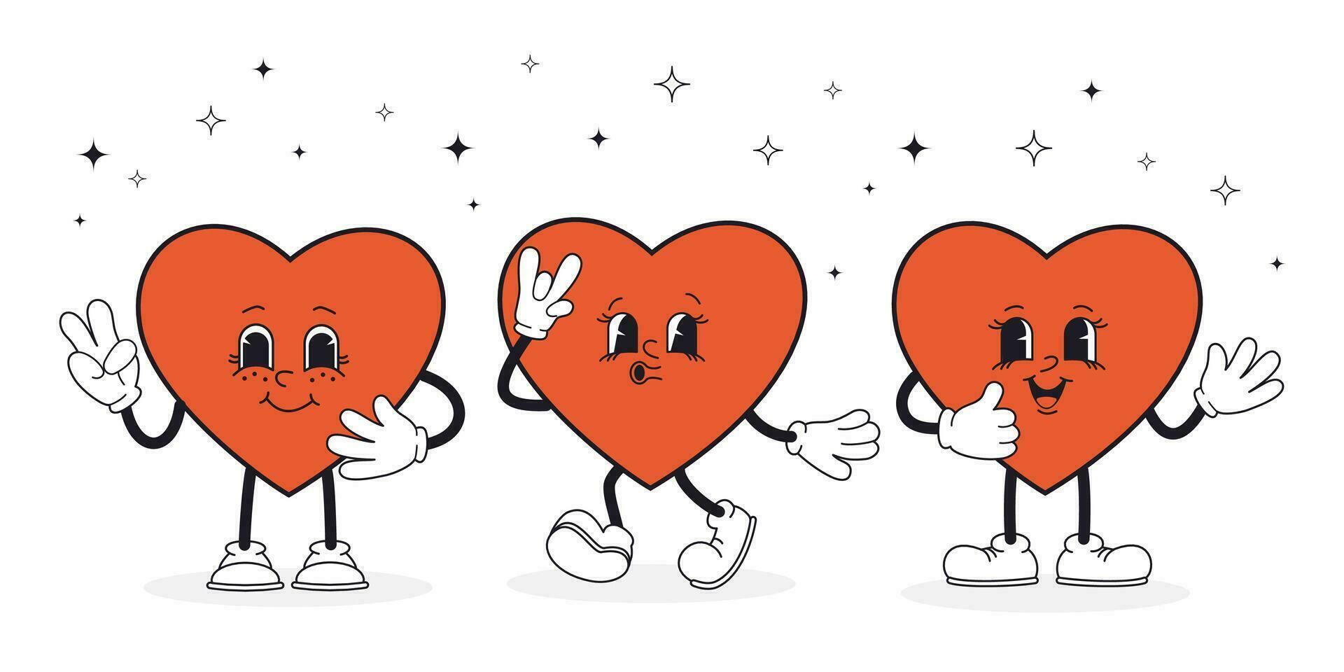 Set groovy hearts trendy retro cartoon style. Cute character for Valentine's day card, poster, print, party invitation, background. vector