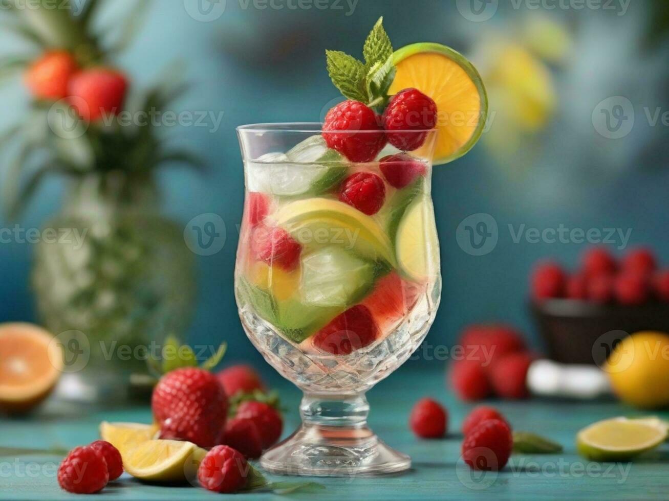 AI Generated Glass of alcohol cold coctail decorated with ice, fruit and mint staying on wood table. Fresh juice on background with lemon, strawberry, lime. photo