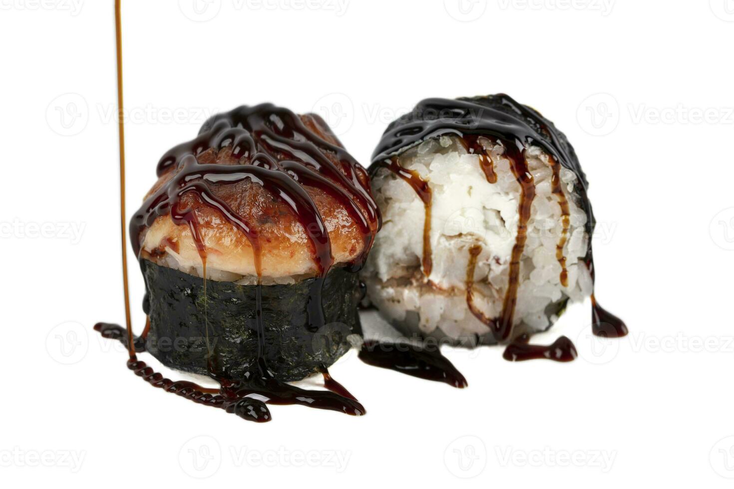 Sushi isolated on white background. Baked sushi with soy sauce photo