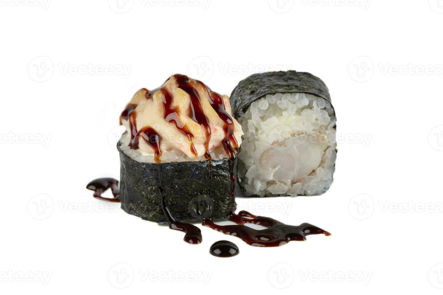 Sushi isolated on white background. Baked sushi with soy sauce photo