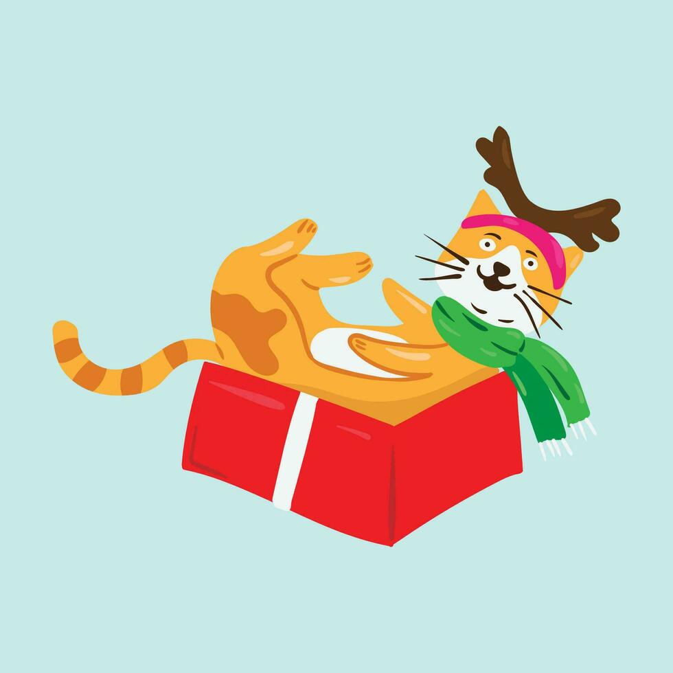 alegre Navidad y contento nuevo año linda gato dibujos animados. regalo caja. saludo tarjeta. gracioso Navidad dibujos animados vector