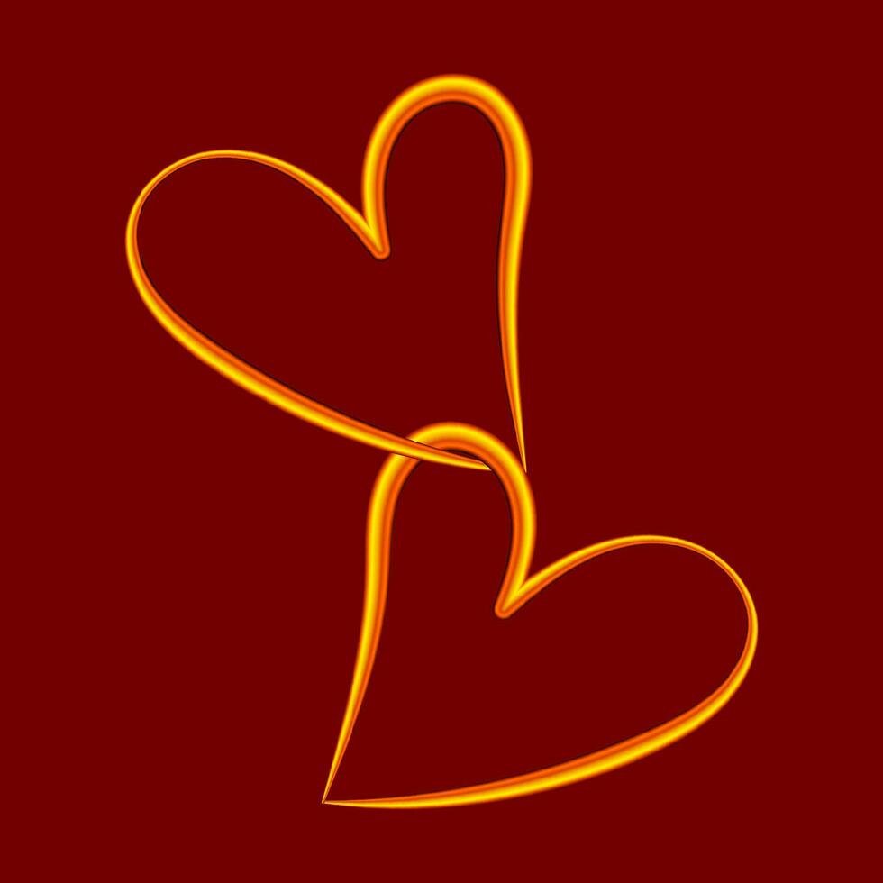Two contoured interlocked hearts of gold wire. Design element for greeting cards for Valentines Day. For the design of banners, cards and sites, for frames. Vector. vector