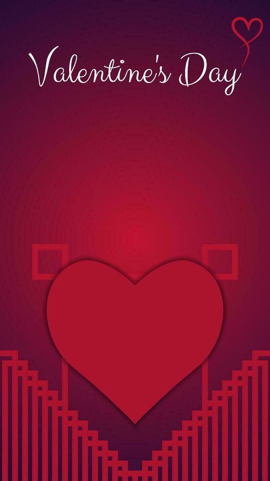 Stylish greeting card for Valentine's Day in red. Red heart with an ornament. Copy space. Vertical frame. Vector illustration.