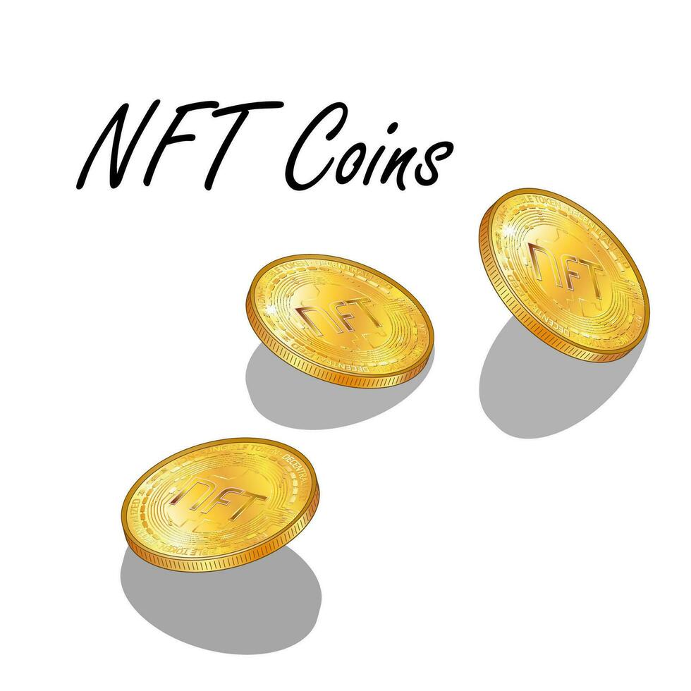 Set of detailed isometric golden coins NFT non fungible tokens isolated on white. Pay for unique collectibles in games or art. Vector illustration.