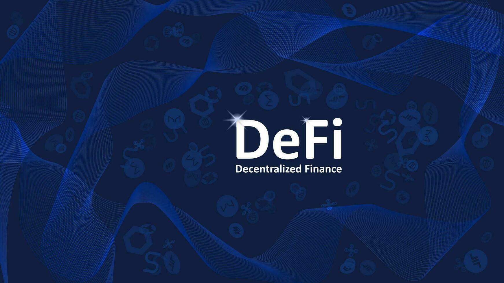Text DeFi decentralized finance on dark blue background with abstract waves and coin symbols. An ecosystem of financial applications and services based on public blockchains. Vector EPS 10.
