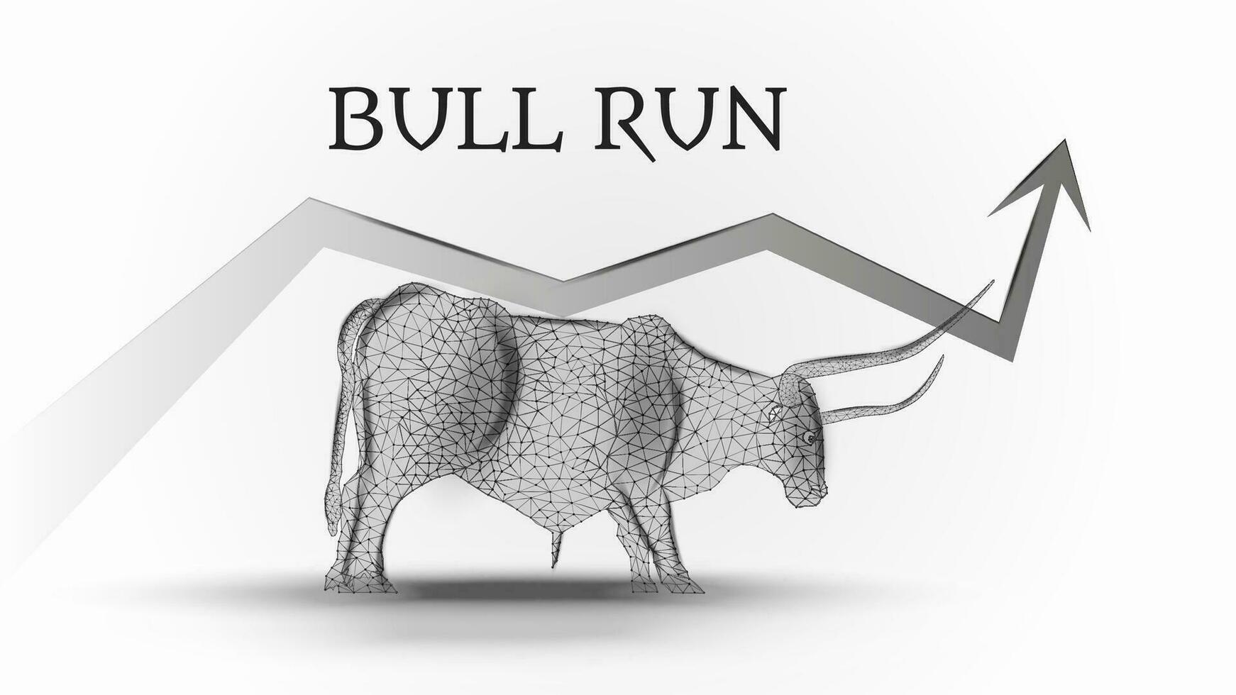 Bullish trend with a polygonal bull and an upward arrow on a light background. Bull run on the stock exchange. Bullish support. Vector illustration.