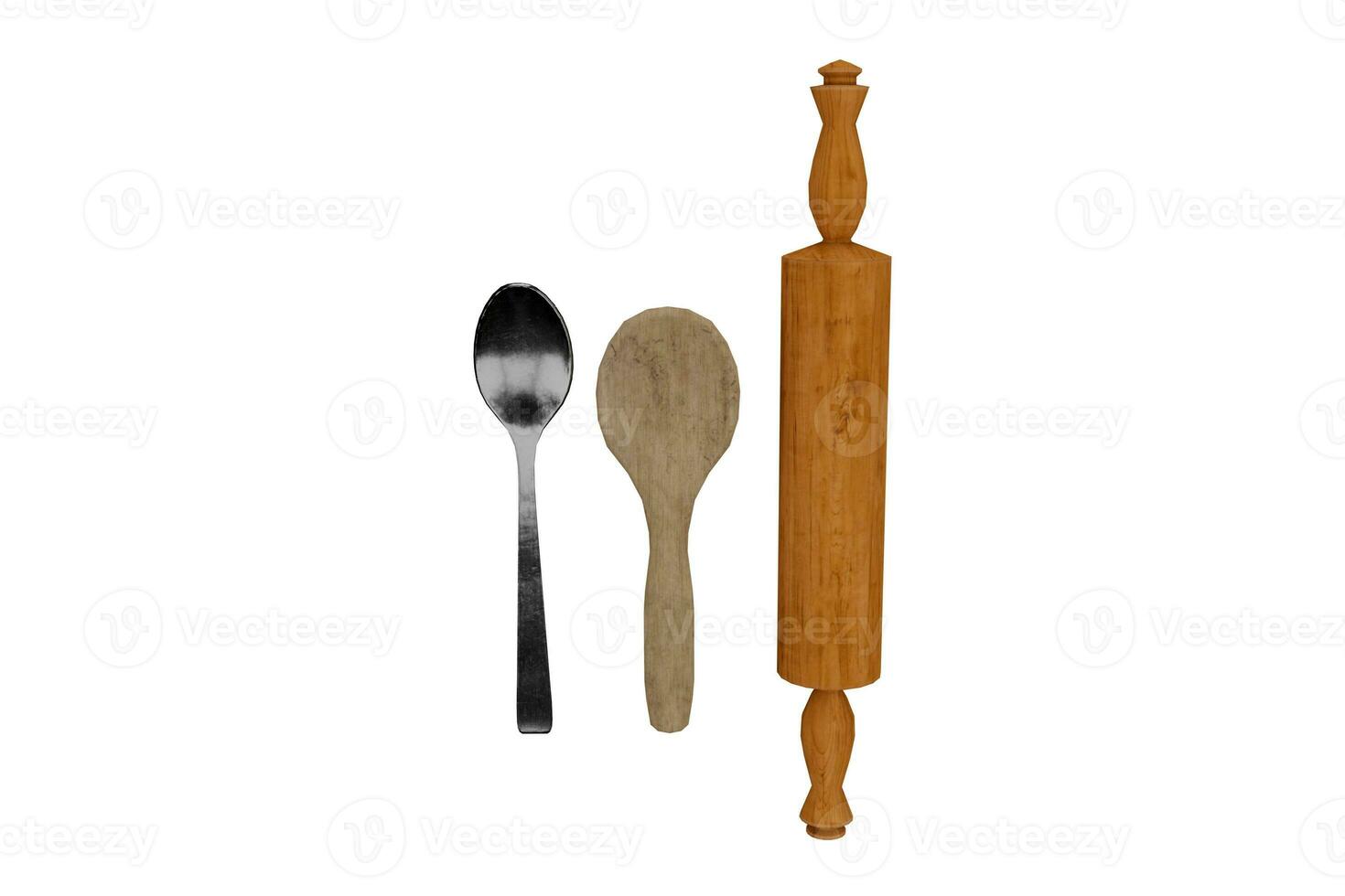 3d rendering kitchen utensils, wooden rolling pin, spoon, wooden ladle photo