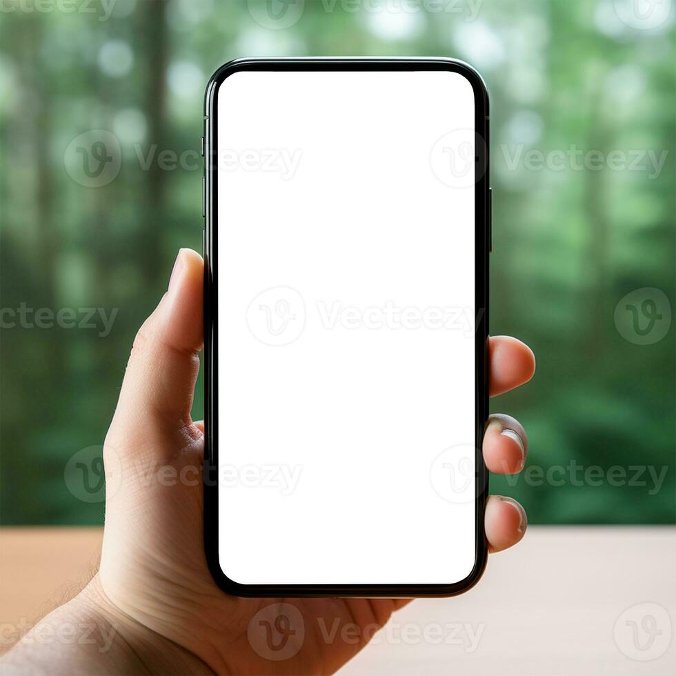 AI generated Smartphone in a man's dark-skinned hand, white screen template, white background - AI generated image photo