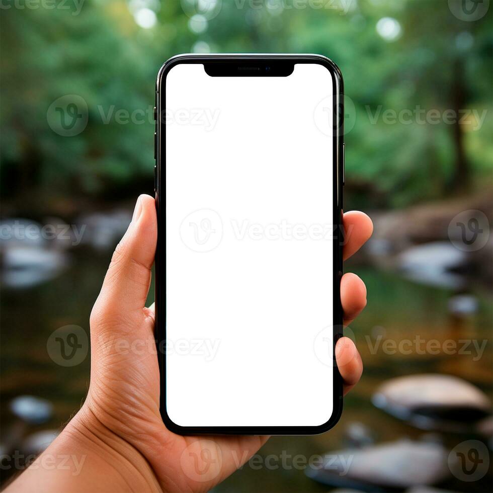 AI generated Smartphone in a man's dark-skinned hand, white screen template, white background - AI generated image photo