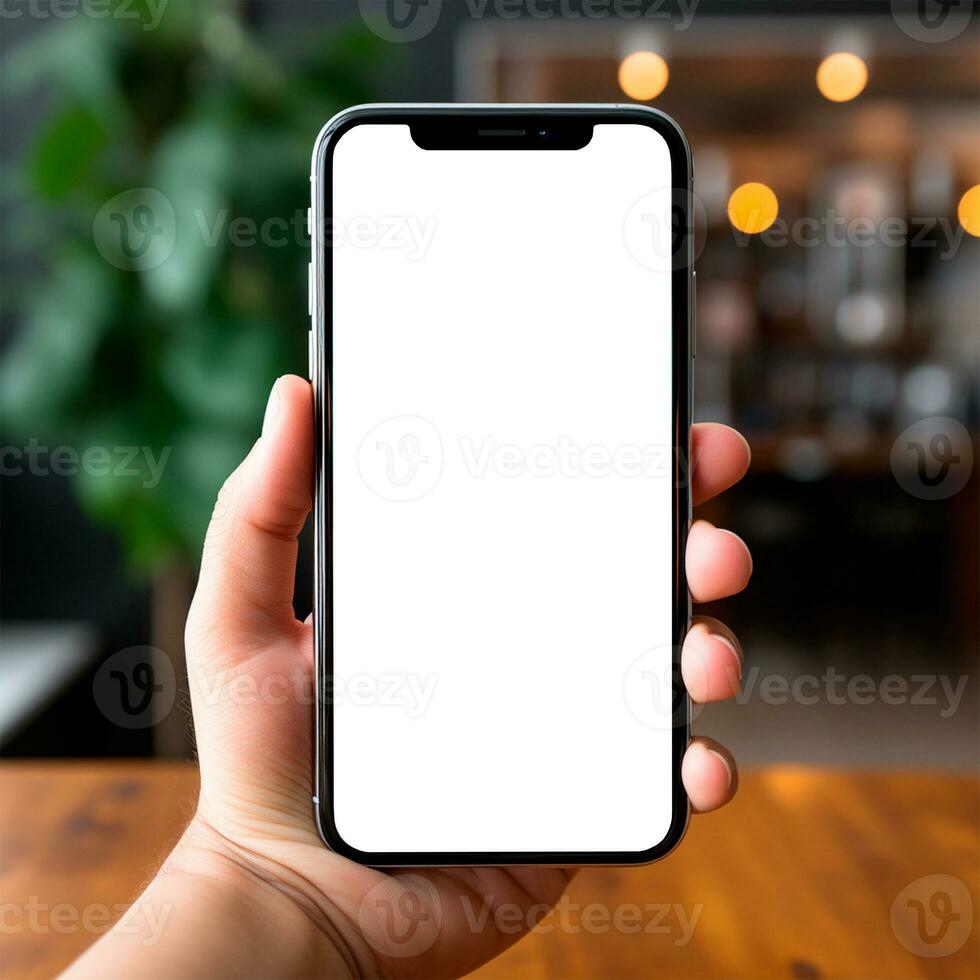 AI generated Smartphone in a man's dark-skinned hand, white screen template, white background - AI generated image photo