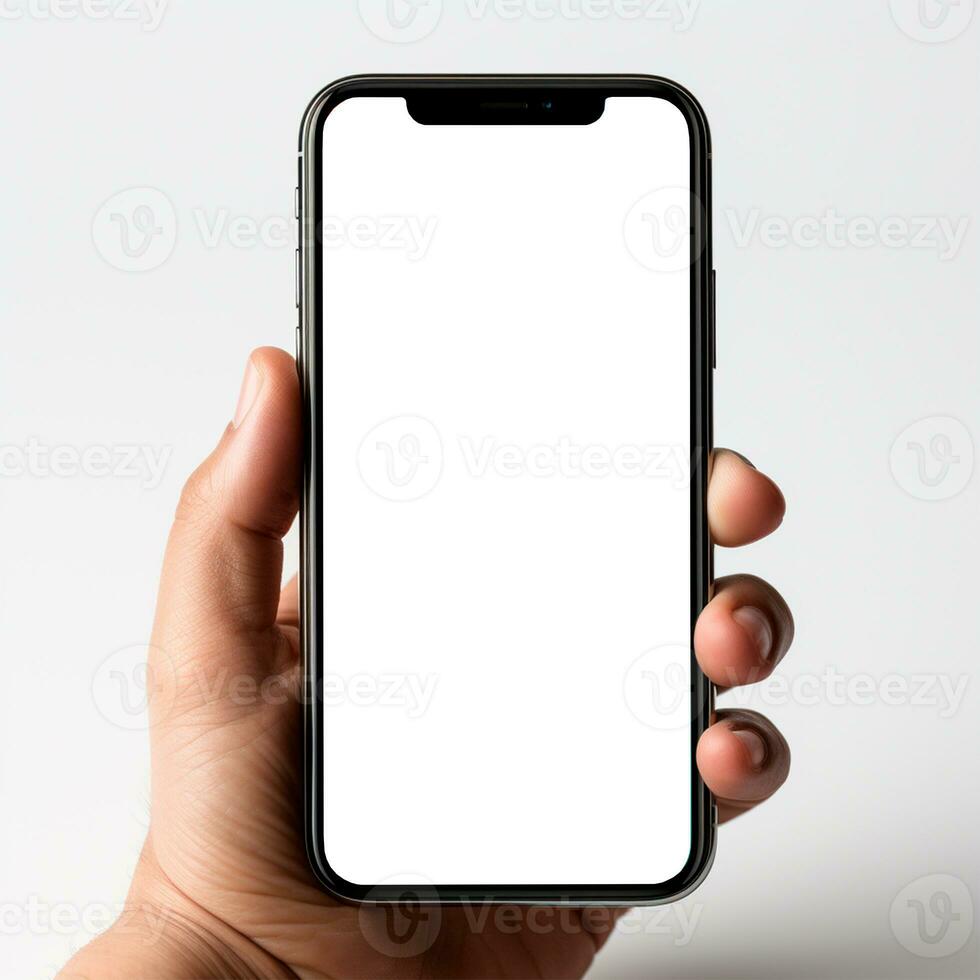 AI generated Smartphone in a man's dark-skinned hand, white screen template, white background - AI generated image photo