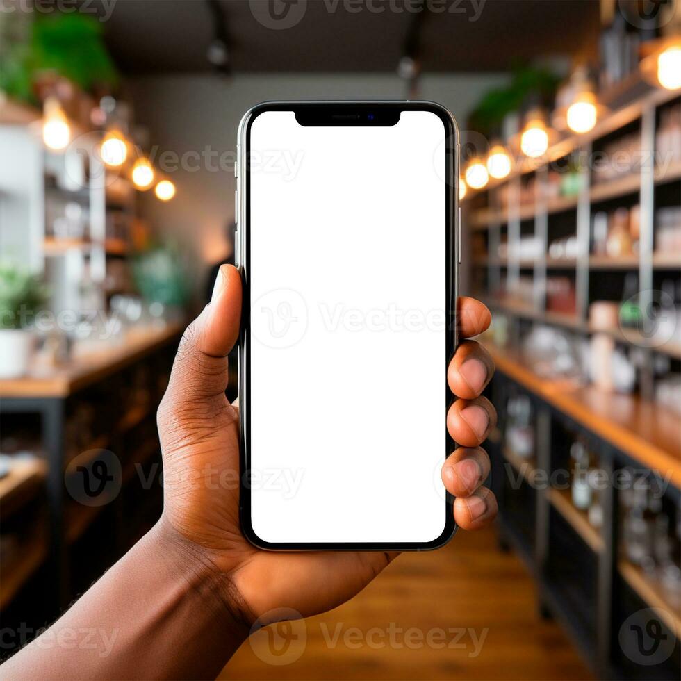 AI generated Smartphone in a man's dark-skinned hand, white screen template, white background - AI generated image photo