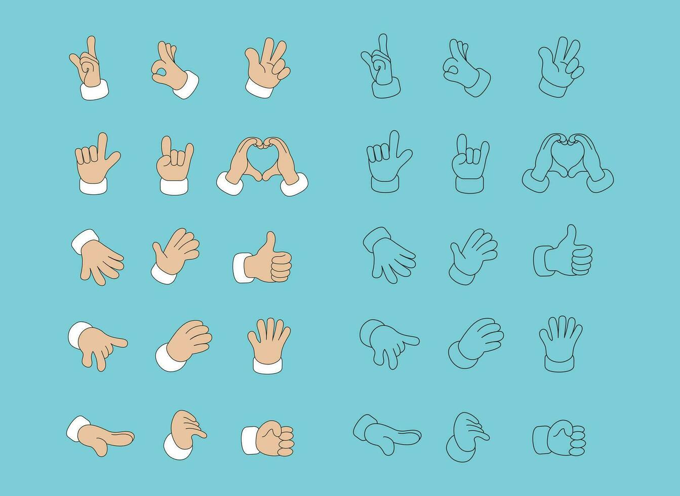 Cartoon hands depicting various gestures in color and black outline. Playful and expressive hand gestures isolated. Colorful groovy hands showcasing a range of gestures for expressing emotions. vector