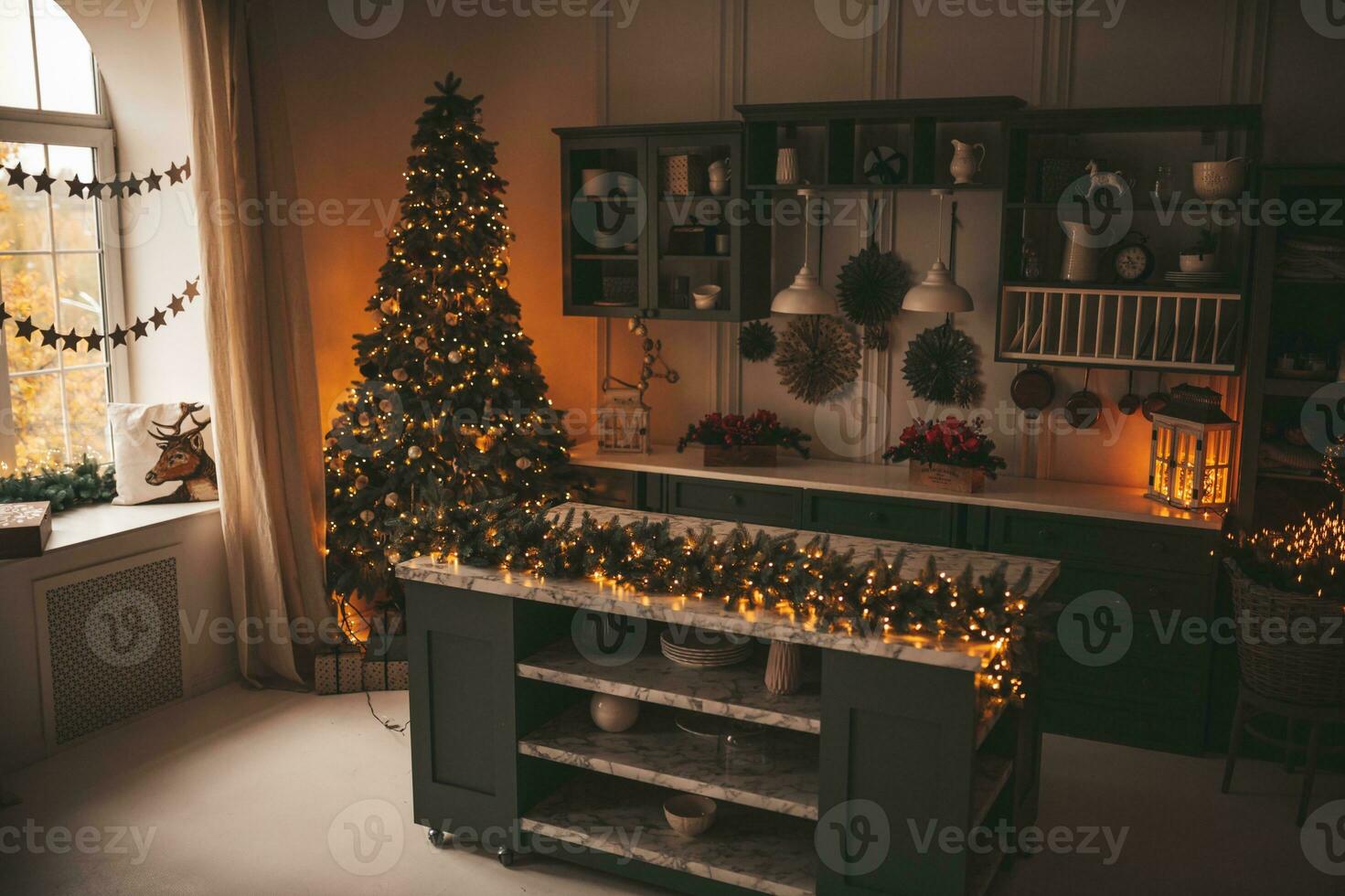 Christmas interior stock photos. Explore warm and inviting holiday themed home settings, adorned with twinkling lights, stockings, and beautifully decorated Christmas trees. photo