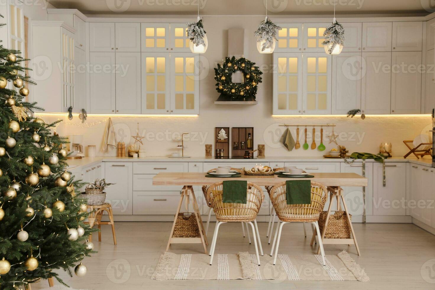 Christmas interior stock photos. Explore warm and inviting holiday themed home settings, adorned with twinkling lights, stockings, and beautifully decorated Christmas trees. photo