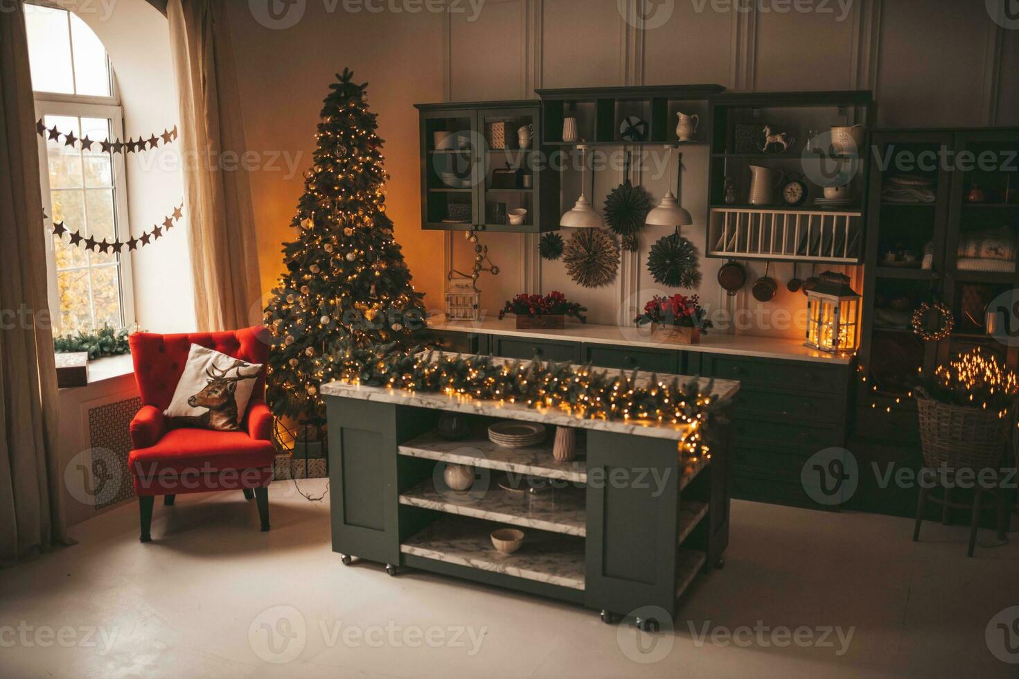 Christmas interior stock photos. Explore warm and inviting holiday themed home settings, adorned with twinkling lights, stockings, and beautifully decorated Christmas trees. photo