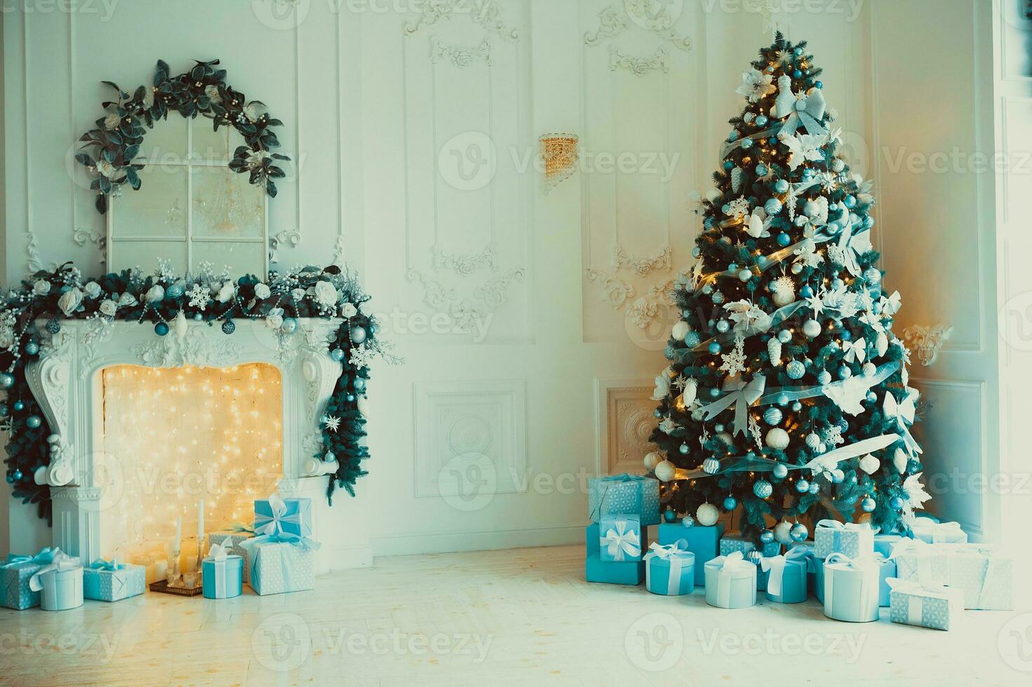 Christmas interior stock photos. Explore warm and inviting holiday themed home settings, adorned with twinkling lights, stockings, and beautifully decorated Christmas trees. photo