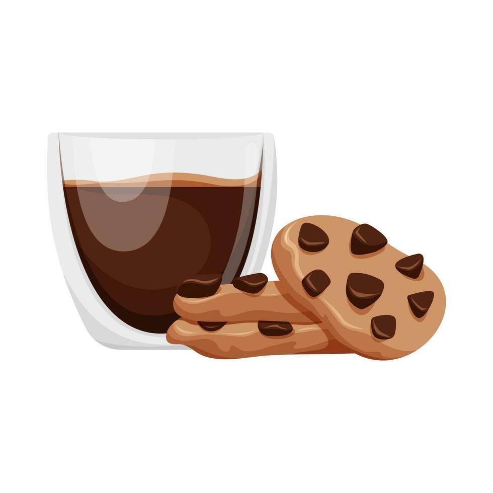 Glass cup of coffee and oatmeal cookies with chocolate. Cartoon vector illustration. Snack, delicious cozy food and drinks.