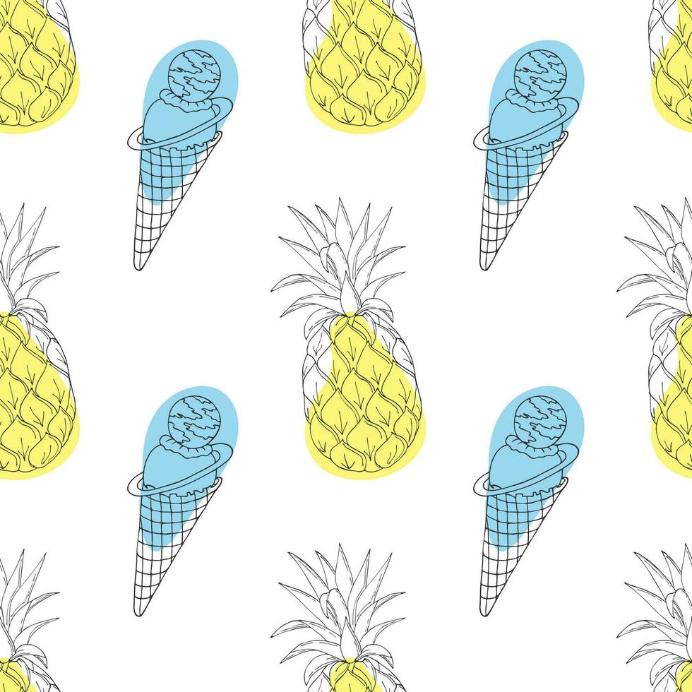 Ice cream and pineapples pattern with contour hand drawings on white background with blue and yellow spots. Summer seamless pattern. vector
