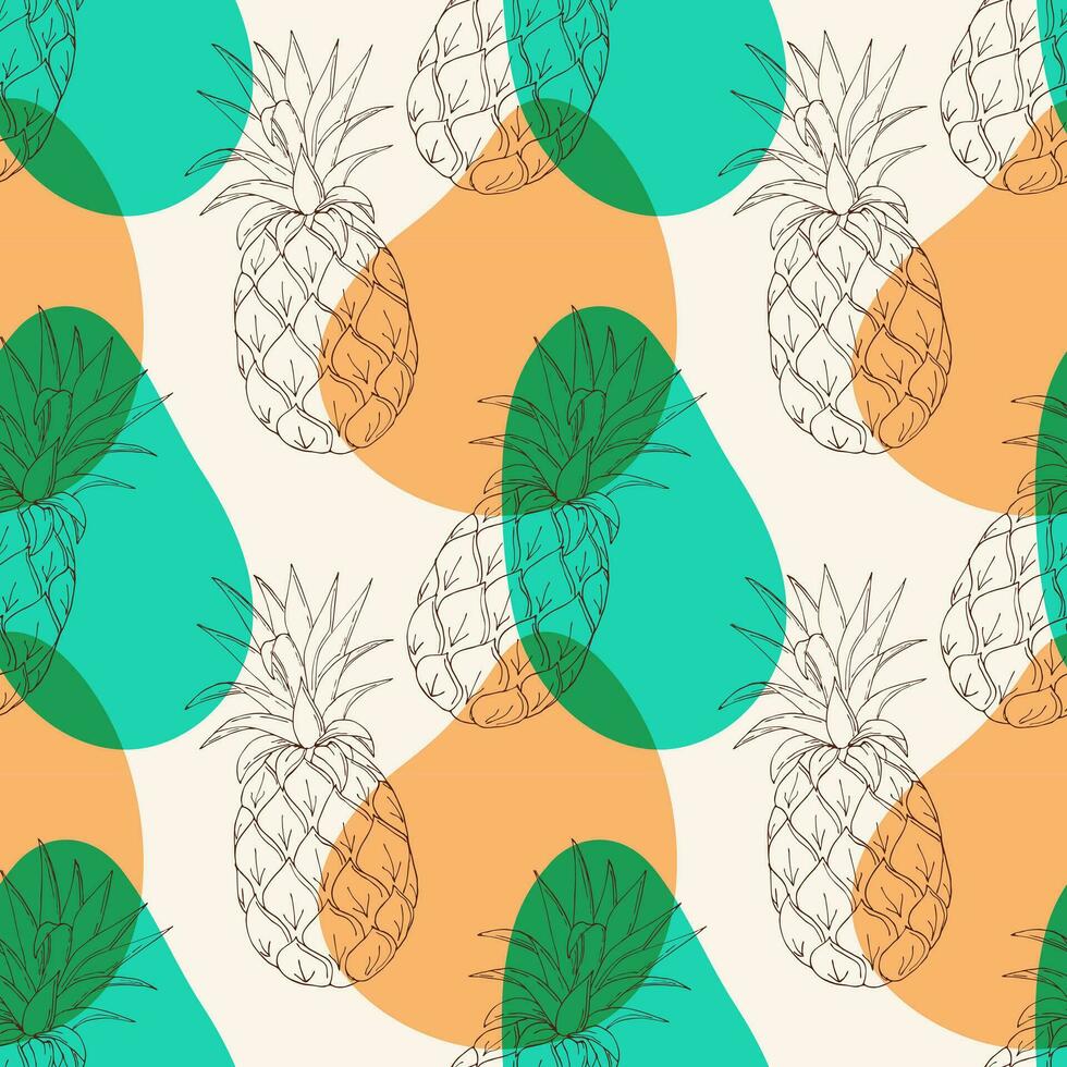 Pattern with pineapples contour hand drawing on background of colored spots. Summer seamless pattern. vector