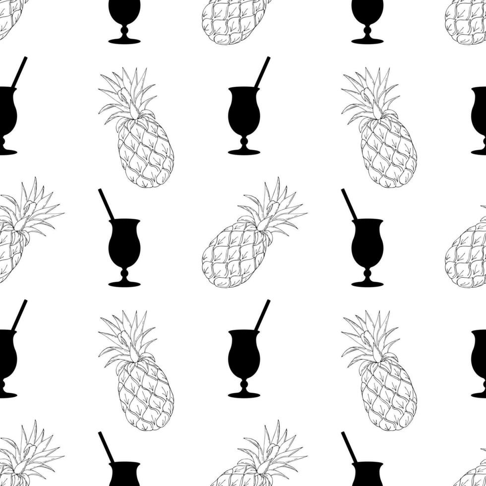 Pattern with cocktail and contour hand drawn pineapple, black color on white background. Monochrome summer pattern. vector