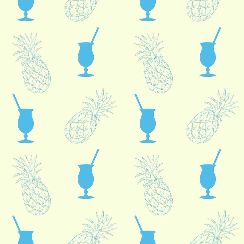 modelo con azul cóctel y contorno mano dibujado piña, pastel amarillo antecedentes. vector