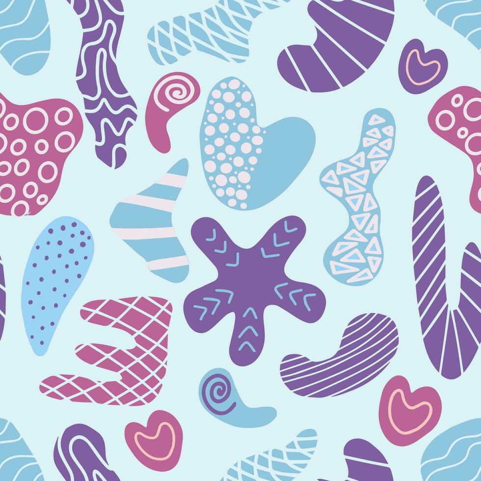 Seamless pattern with hand drawn various shapes and doodle objects. Abstract contemporary modern trendy vector illustration