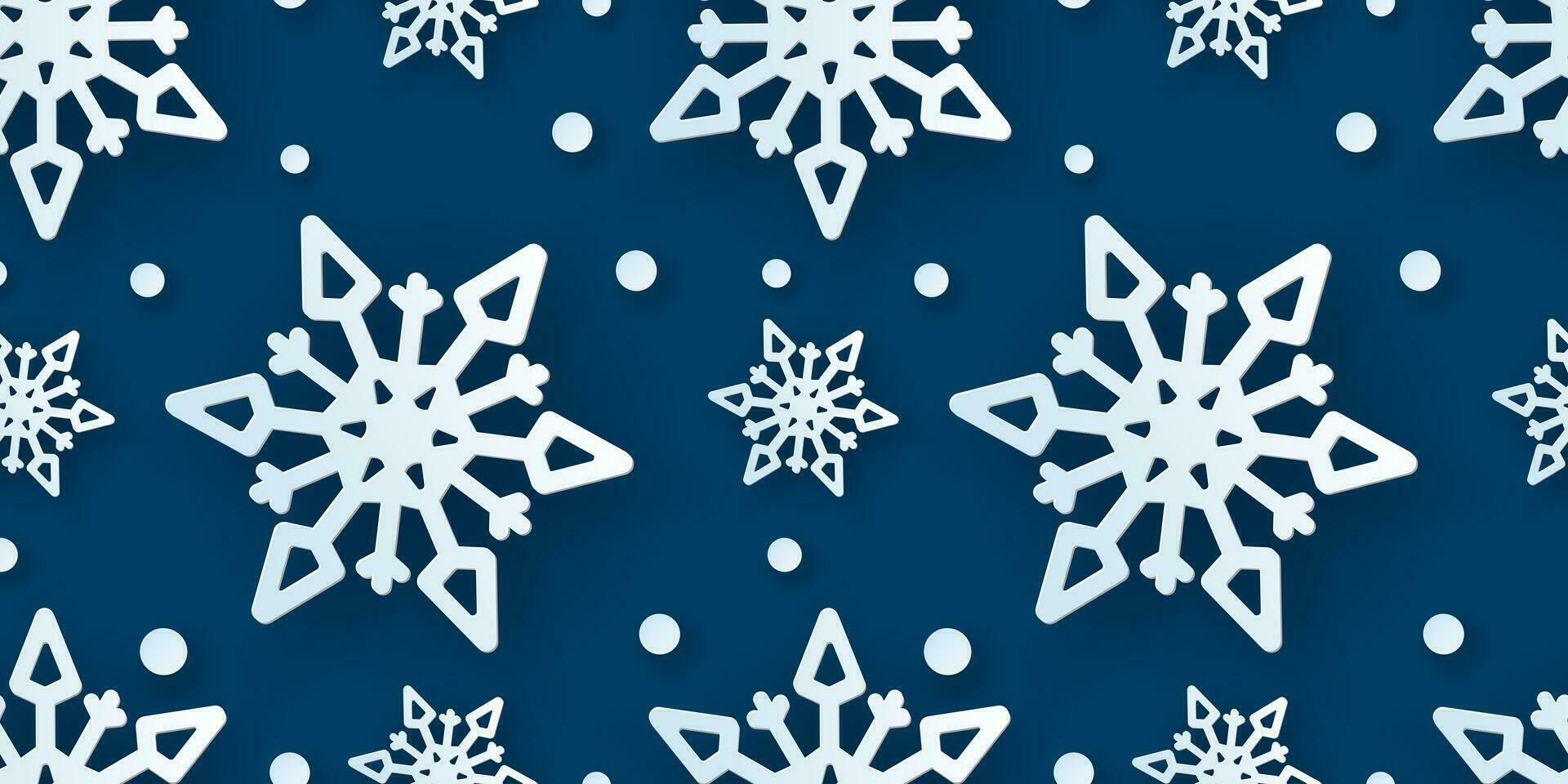 invierno sin costura modelo con papel cortar copos de nieve. Navidad diseño 3d ilustración en azul de colores antecedentes para presentación, bandera, cubrir, web, volantes, tarjeta, venta, póster y social medios de comunicación. vector