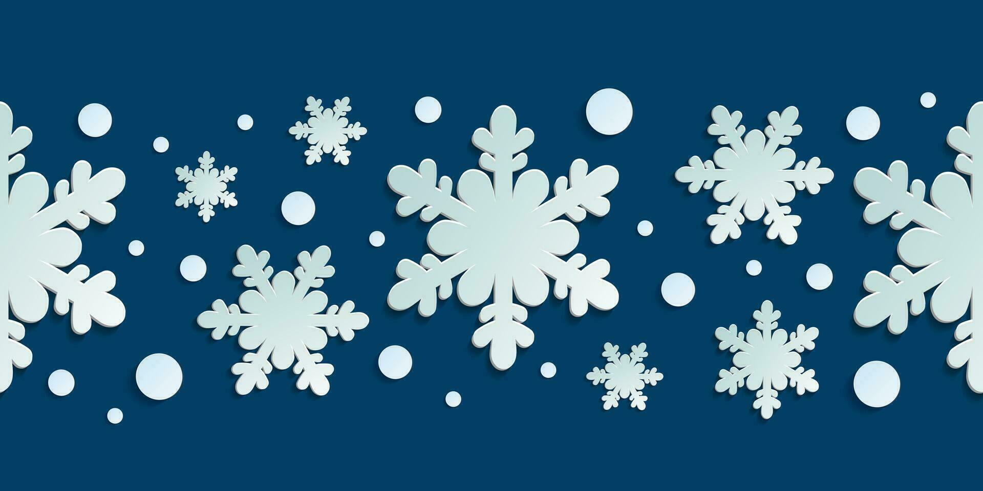 invierno sin costura modelo con papel cortar copos de nieve. Navidad diseño 3d ilustración en azul de colores antecedentes para presentación, bandera, cubrir, web, volantes, tarjeta, venta, póster y social medios de comunicación. vector