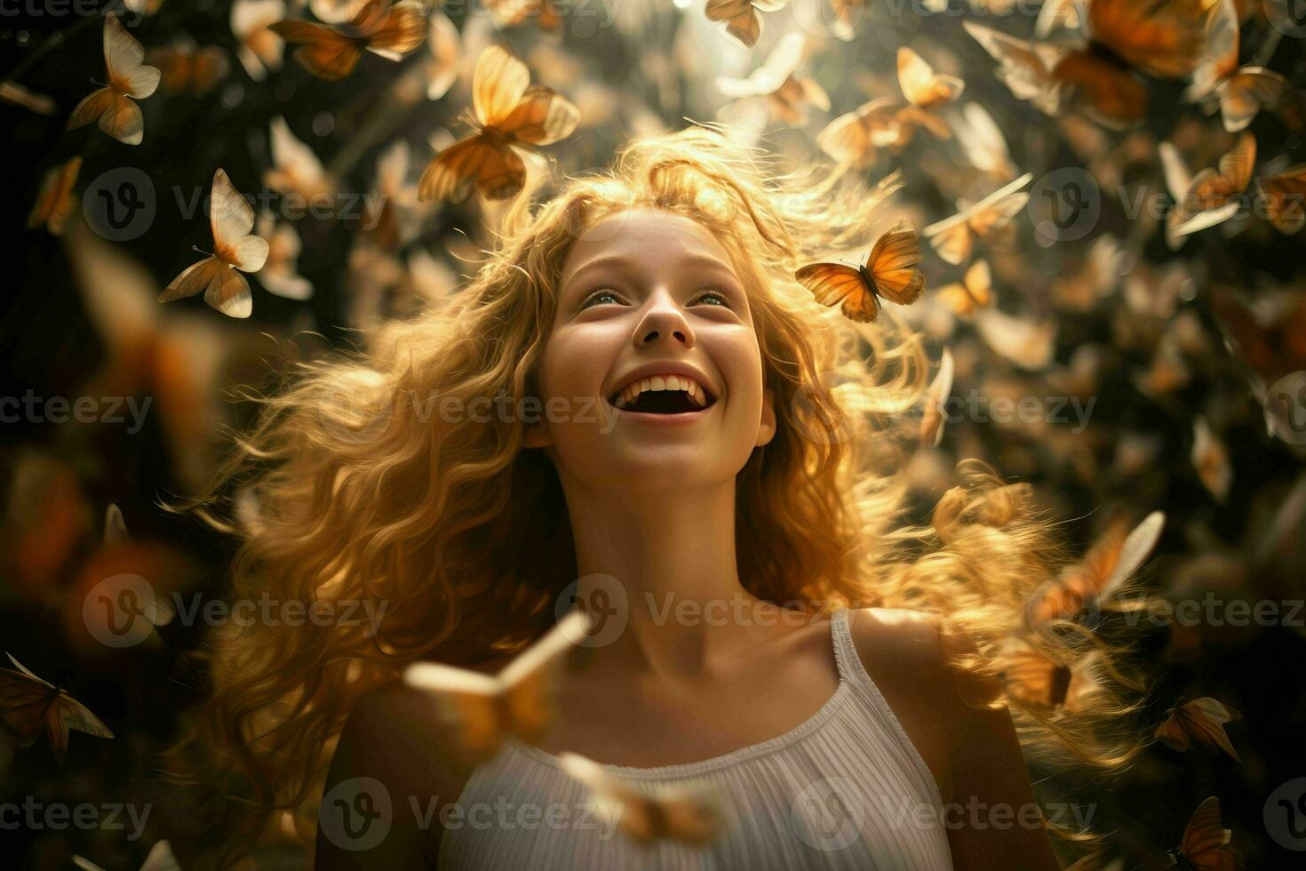 AI generated Happy girl with lots of butterfly surround. photo