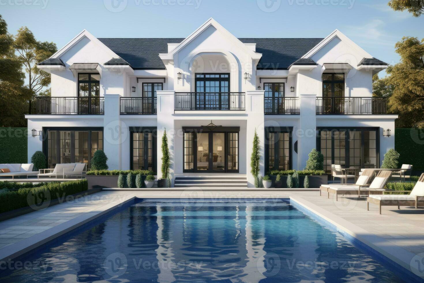 AI generated house front view with swimmin pool real estate photo