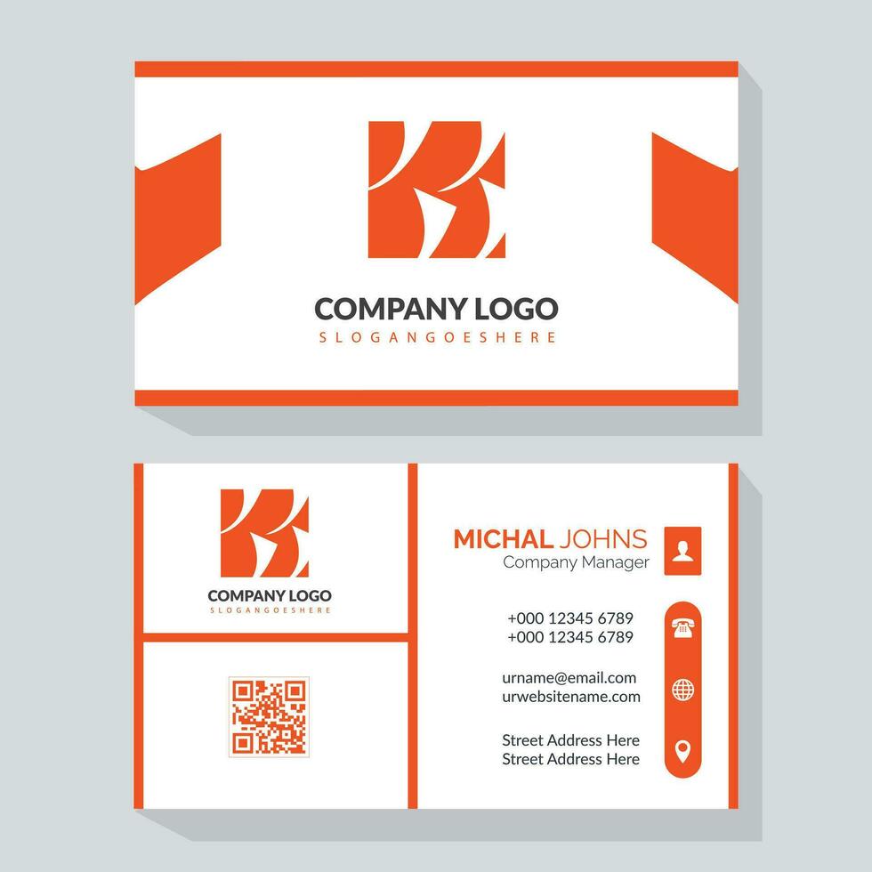 Double-sided horizontal modern business card vector image orange design with QR code scanner