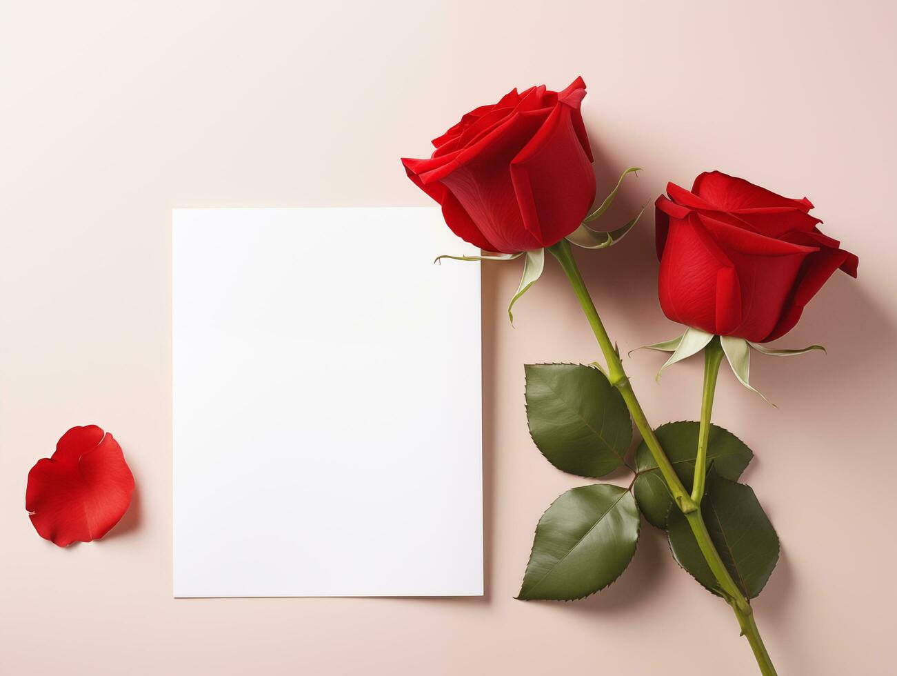 AI generated Top view of red rose flowers for valentines day with blank card photo