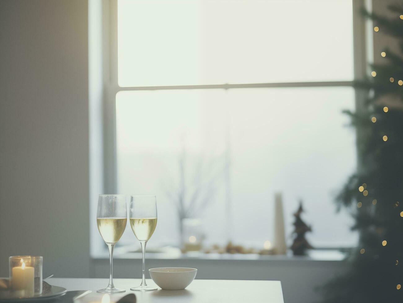 AI generated Champagne glasses with food and christmas tree in living room, interior lifestyle celebration new year aesthetic style photo