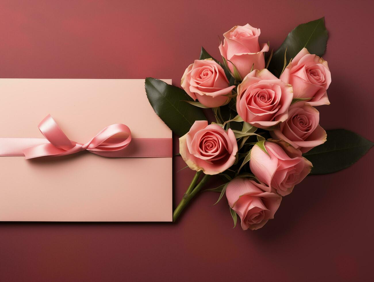 AI generated Top view of red rose flowers for valentines day with blank card photo