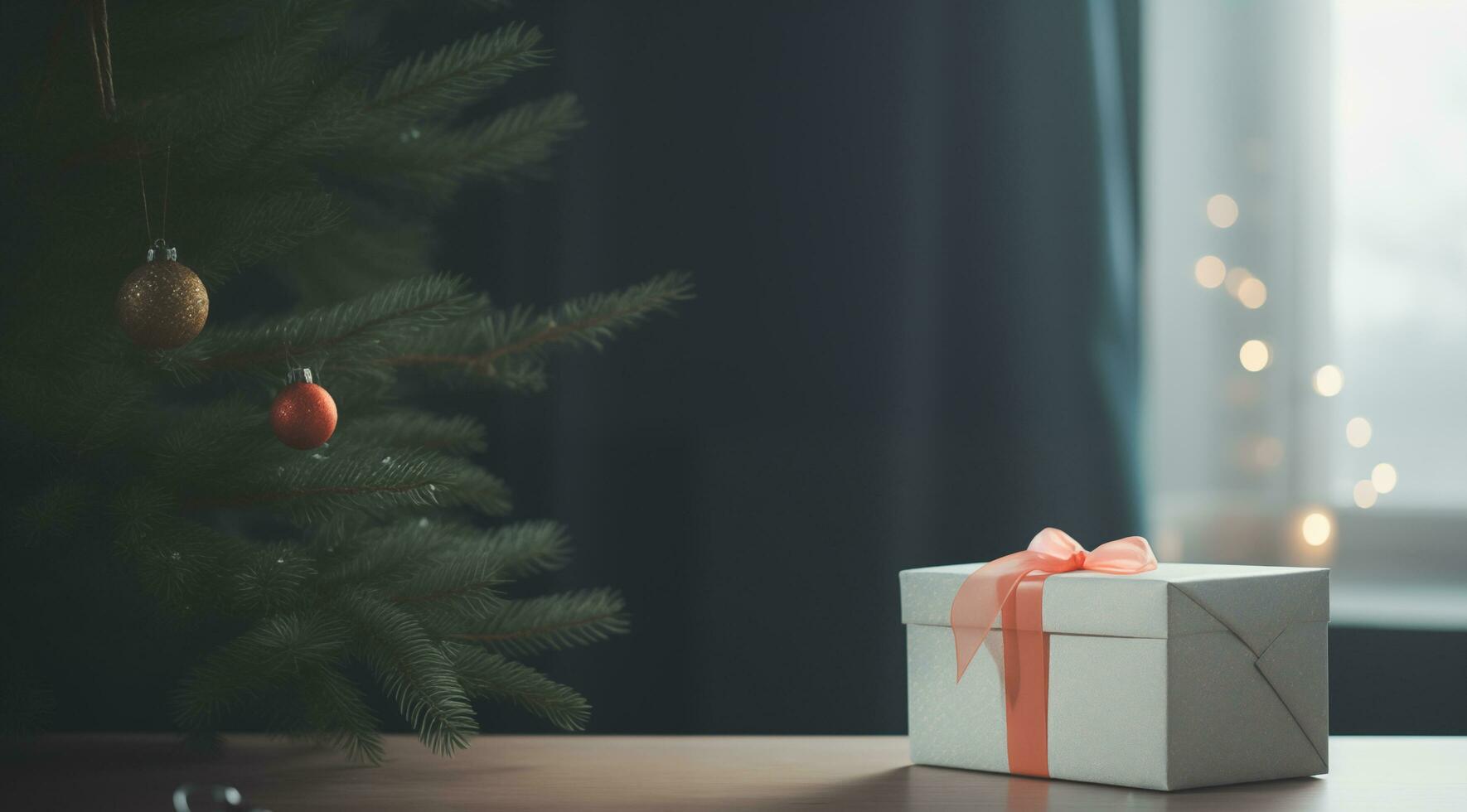 AI generated Close up of gift box and christmas tree celebrate in the house photo