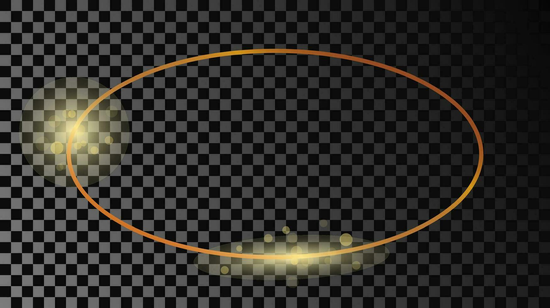 Gold glowing oval shape frame isolated on dark background. Shiny frame with glowing effects. Vector illustration.