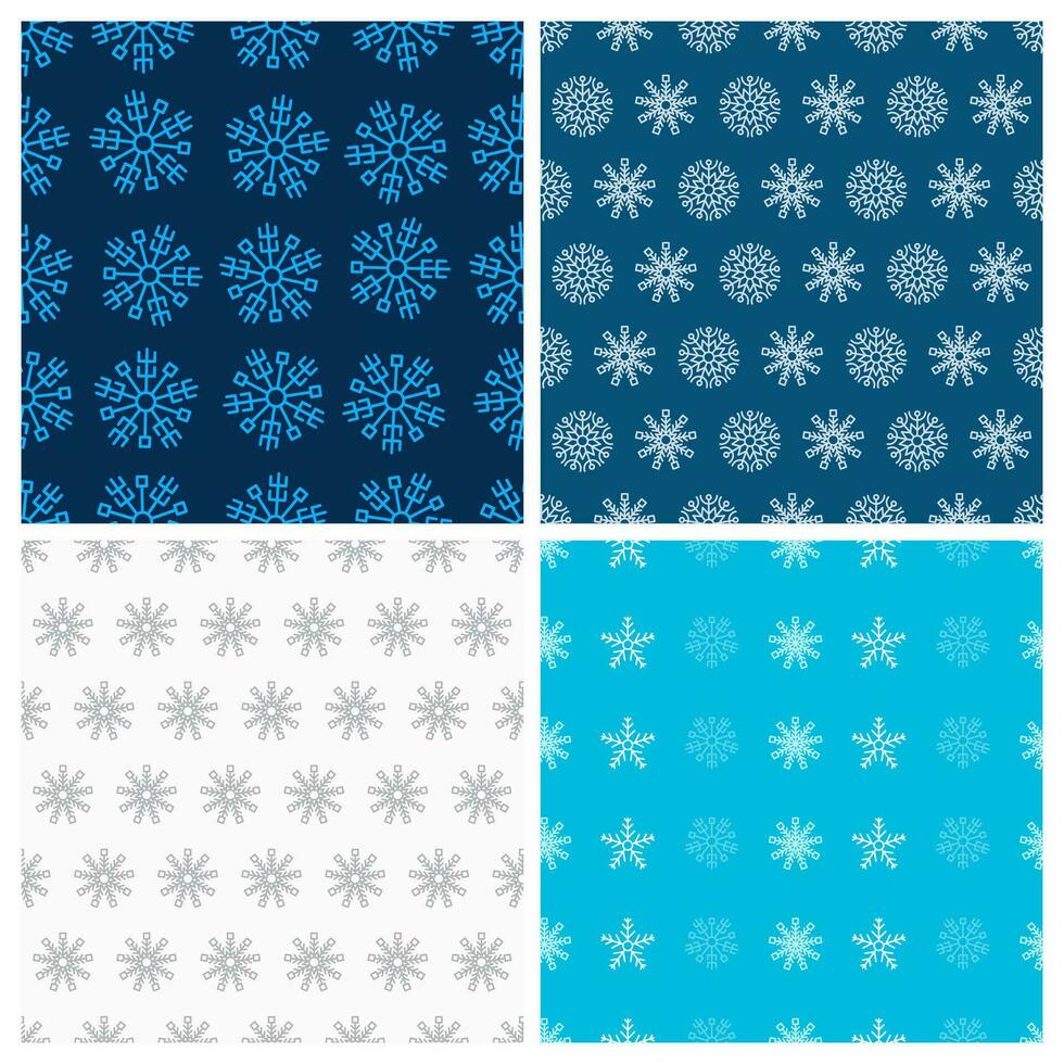 Seamless background with snowflakes. Set of four Christmas and New Year backdrops. Christmas decoration elements. Vector illustration.