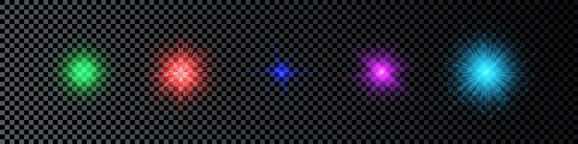 ligero efecto de lente bengalas conjunto de cinco multicolor brillante luces Starburst efectos con destellos en un oscuro antecedentes. vector ilustración