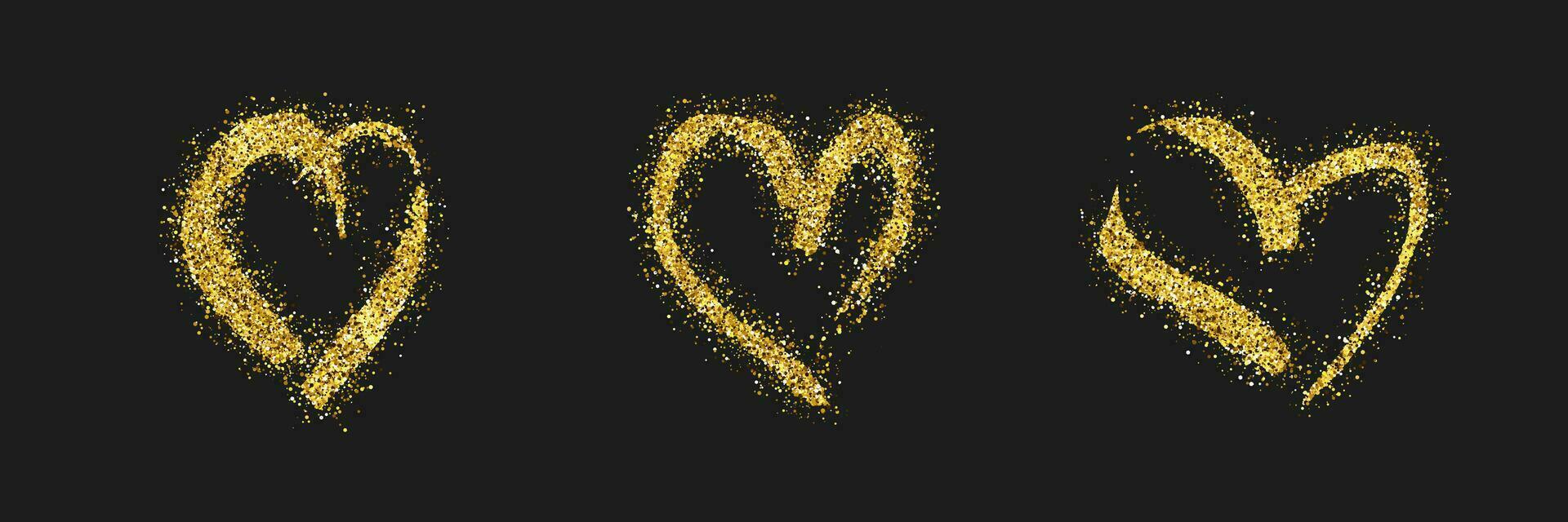 Set of three gold glitter doodle hearts on dark background. Gold grunge hand drawn heart. Romantic love symbol. Vector illustration.