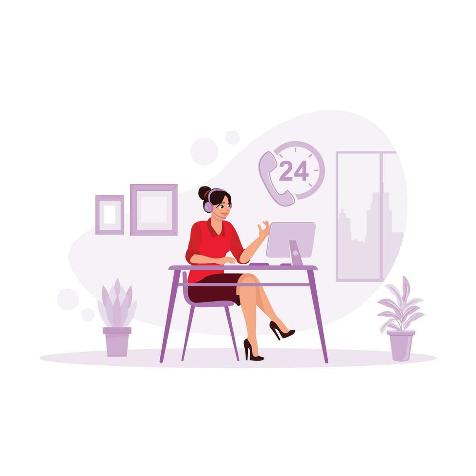 Friendly young woman using a headset while working in a call center. Customer service works 24 hours 7 days. Office concept. Trend Modern vector flat illustration