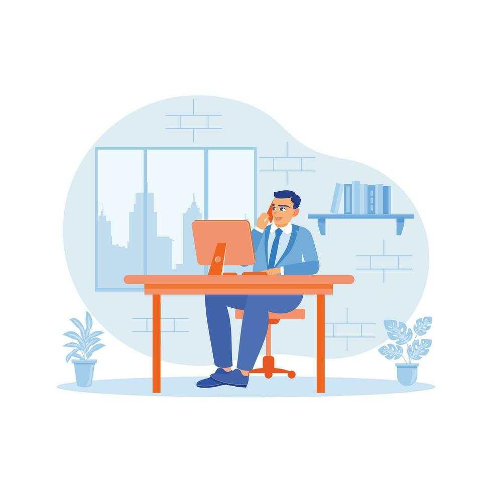 Young business male executive busy working in front of a computer. Make calls with clients using cell phones and computers. Employee Making concept. Trend Modern vector flat illustration